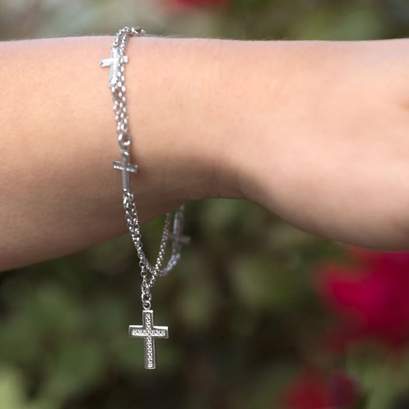 NWT 7.5” Rhodium Plated Double Strand Cross Charm Bracelet - 925 Sterling Silver